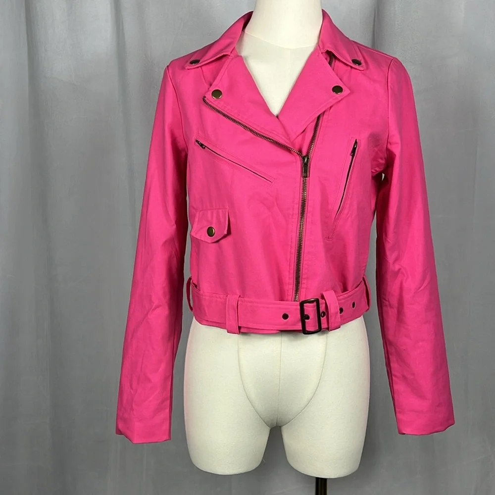 DOLAN for Anthropologie Cropped Linen Slim Moto Jacket in‎ Hot Pink.